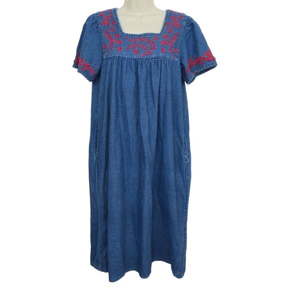 Loungees Womens Small Red Embroidered Flower Chambray House Dress Nightgown PJs - Picture 8 of 8